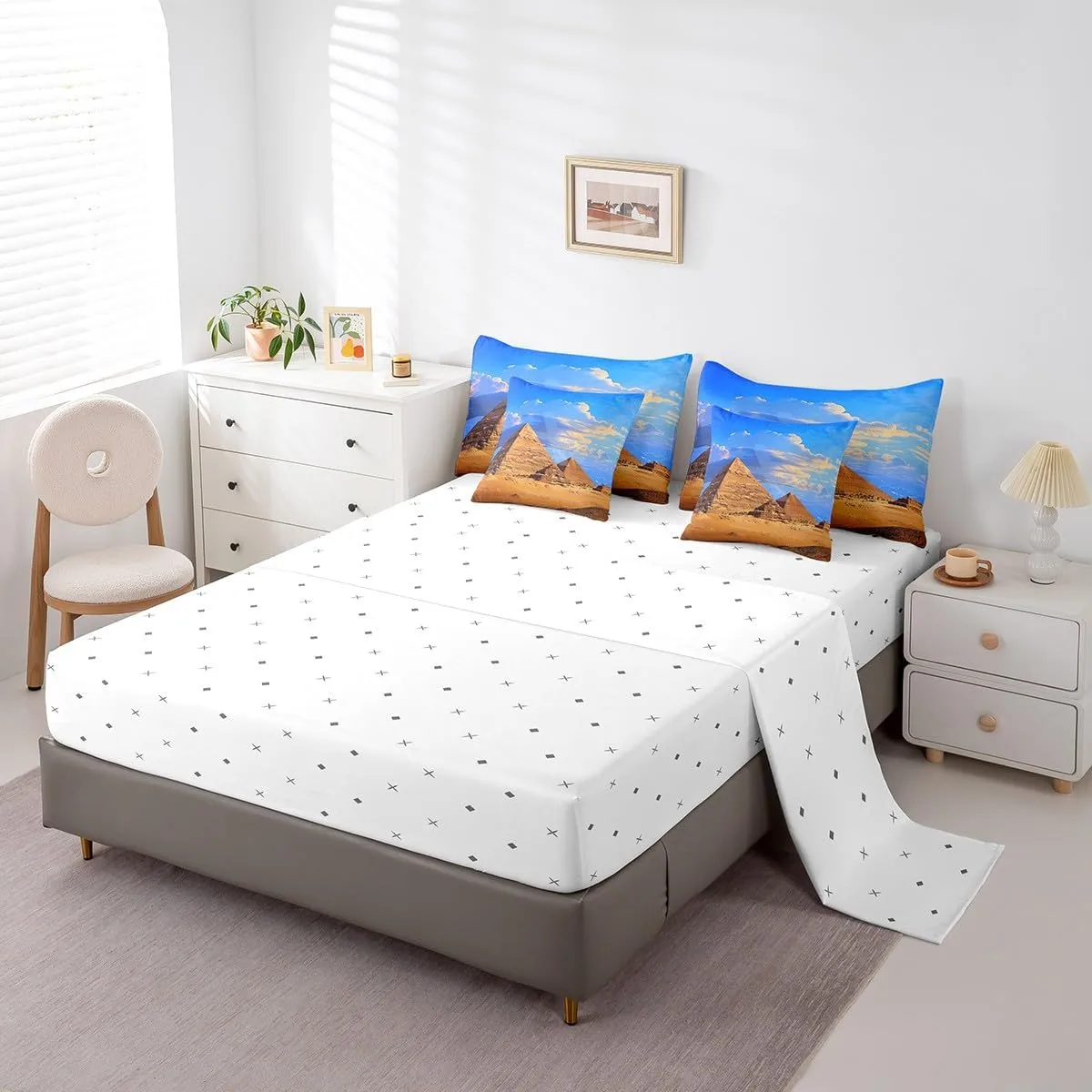 Feelyou Queen Comforter Set 7 Pcs Pyramid Print Bedding Set Ancient Egypt Theme Bed in a Bag Famous Egyptian Cityscape Comforter Adults Egypt Culture Bed Set with Sheets, Pillowcases, Pillow Covers