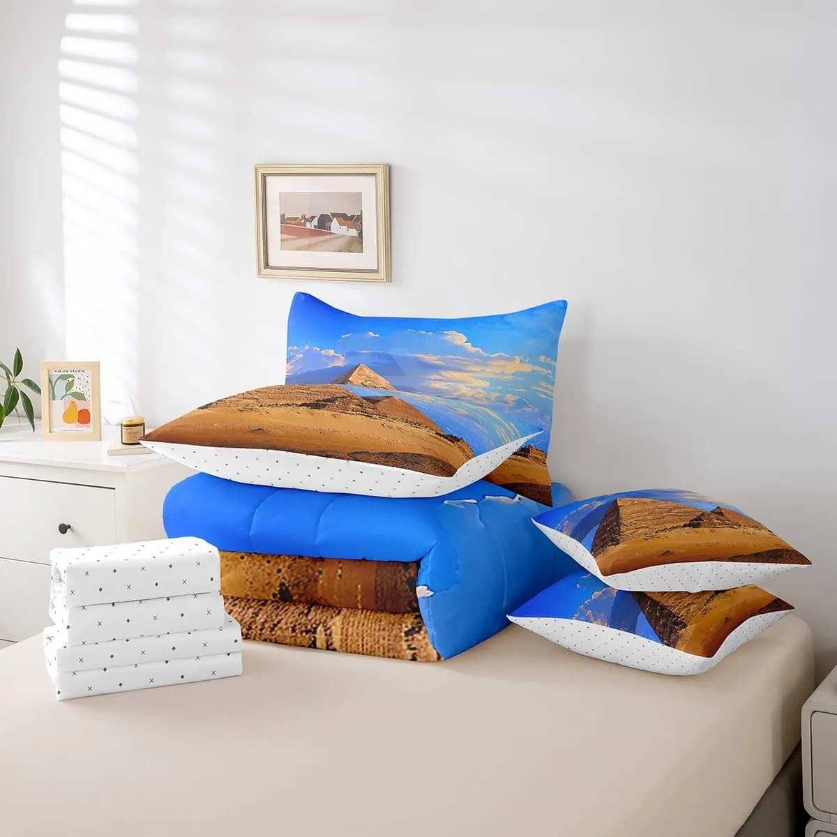 Feelyou Queen Comforter Set 7 Pcs Pyramid Print Bedding Set Ancient Egypt Theme Bed in a Bag Famous Egyptian Cityscape Comforter Adults Egypt Culture Bed Set with Sheets, Pillowcases, Pillow Covers