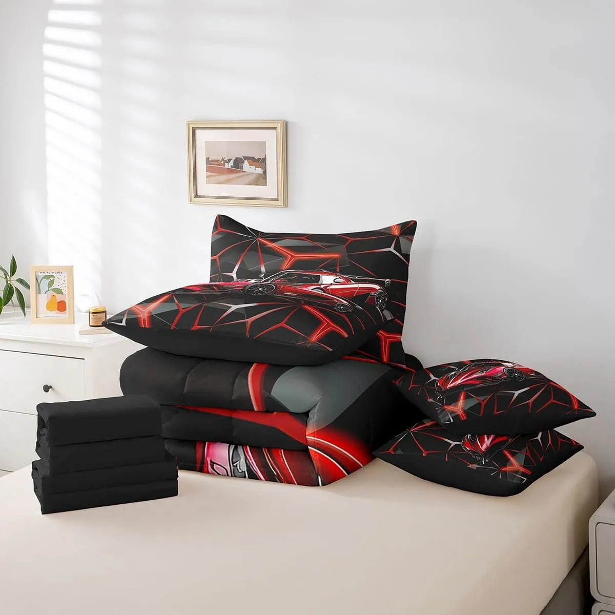 Feelyou Red Race Car 7 Piece Bedding Set Extreme Sport Theme Comforter Set with Sheets Queen Size for Kids Boys Girls Room Decor Fast and Furious Car Bed in a Bag Cool Modern Bed Set