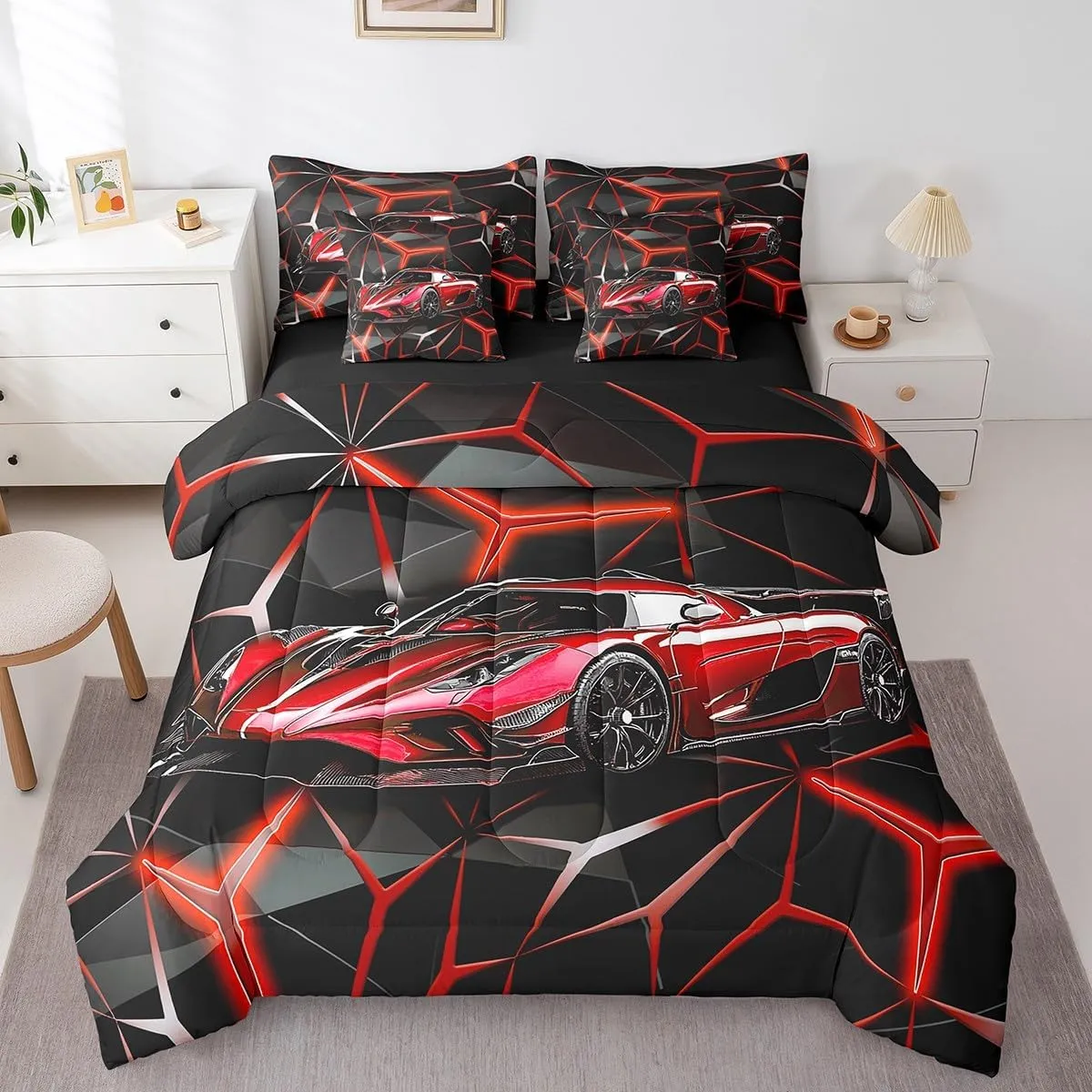 Feelyou Red Race Car 7 Piece Bedding Set Extreme Sport Theme Comforter Set with Sheets Queen Size for Kids Boys Girls Room Decor Fast and Furious Car Bed in a Bag Cool Modern Bed Set