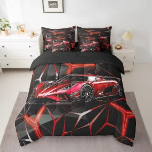 Feelyou Red Race Car 7 Piece Bedding Set Extreme Sport Theme Comforter Set with Sheets Queen Size for Kids Boys Girls Room Decor Fast and Furious Car Bed in a Bag Cool Modern Bed Set