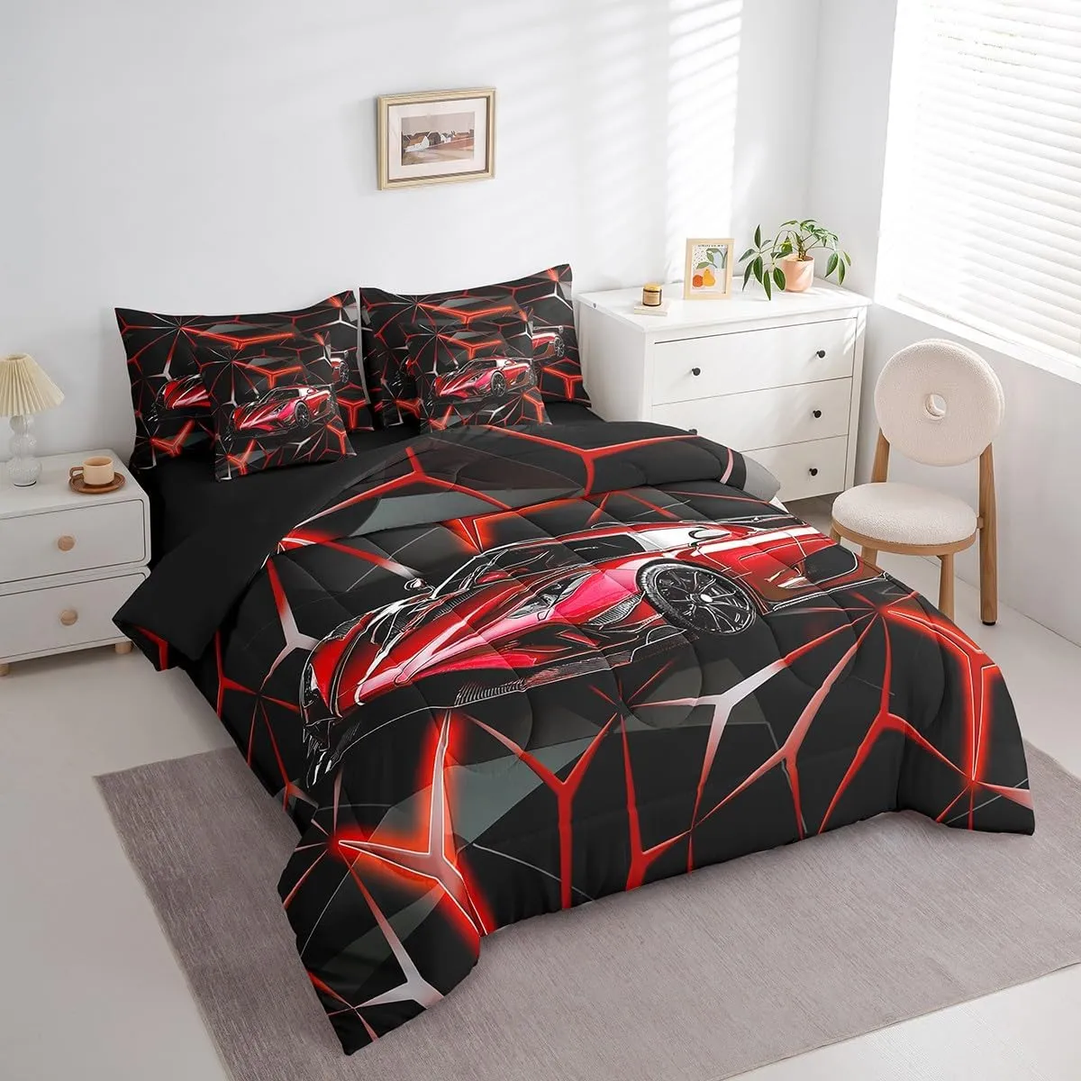 Feelyou Red Race Car 7 Piece Bedding Set Extreme Sport Theme Comforter Set with Sheets Queen Size for Kids Boys Girls Room Decor Fast and Furious Car Bed in a Bag Cool Modern Bed Set