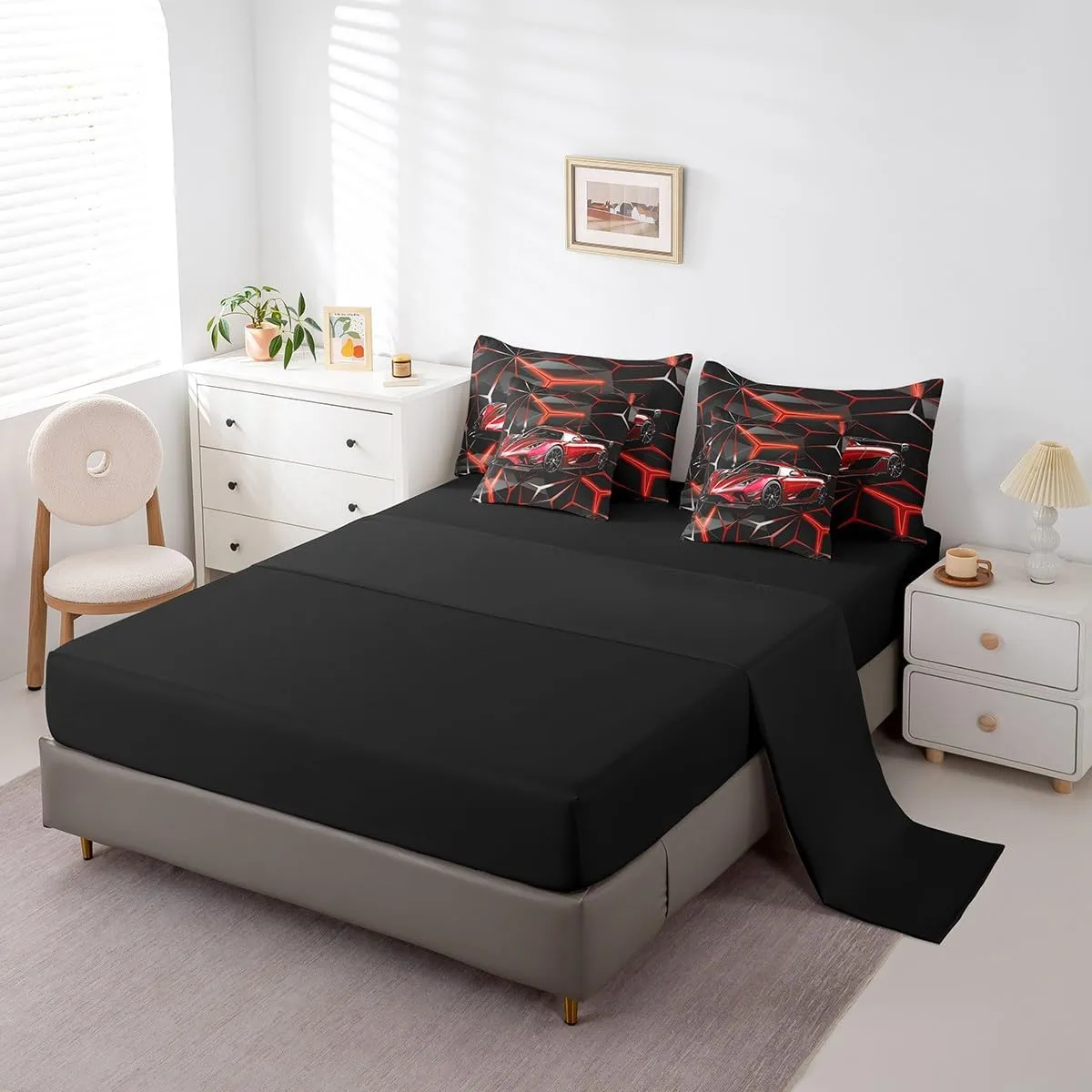 Feelyou Red Race Car 7 Piece Bedding Set Extreme Sport Theme Comforter Set with Sheets Queen Size for Kids Boys Girls Room Decor Fast and Furious Car Bed in a Bag Cool Modern Bed Set