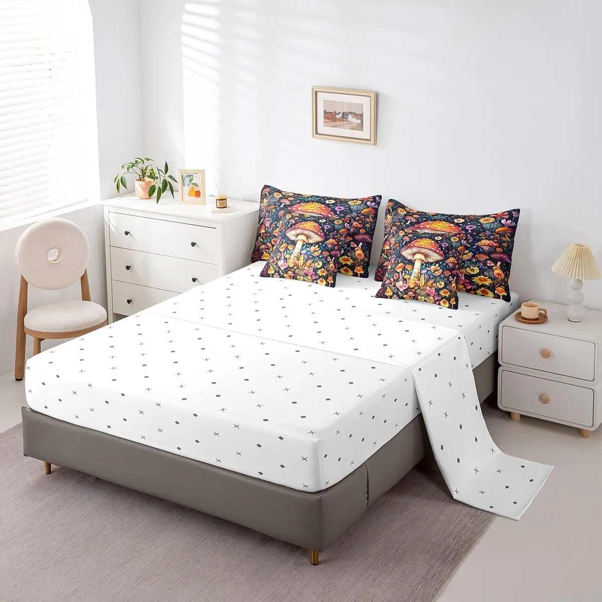 Feelyou Wild Mushroom Stuff Bed Set Boys Girls Full Size Wild Plant Pattern 7 Pieces Beeding Set Ultra Soft Fungus Botanical Plants Bed in a Bag with Comforter, Sheets, Pillowcases Floral Room Decor
