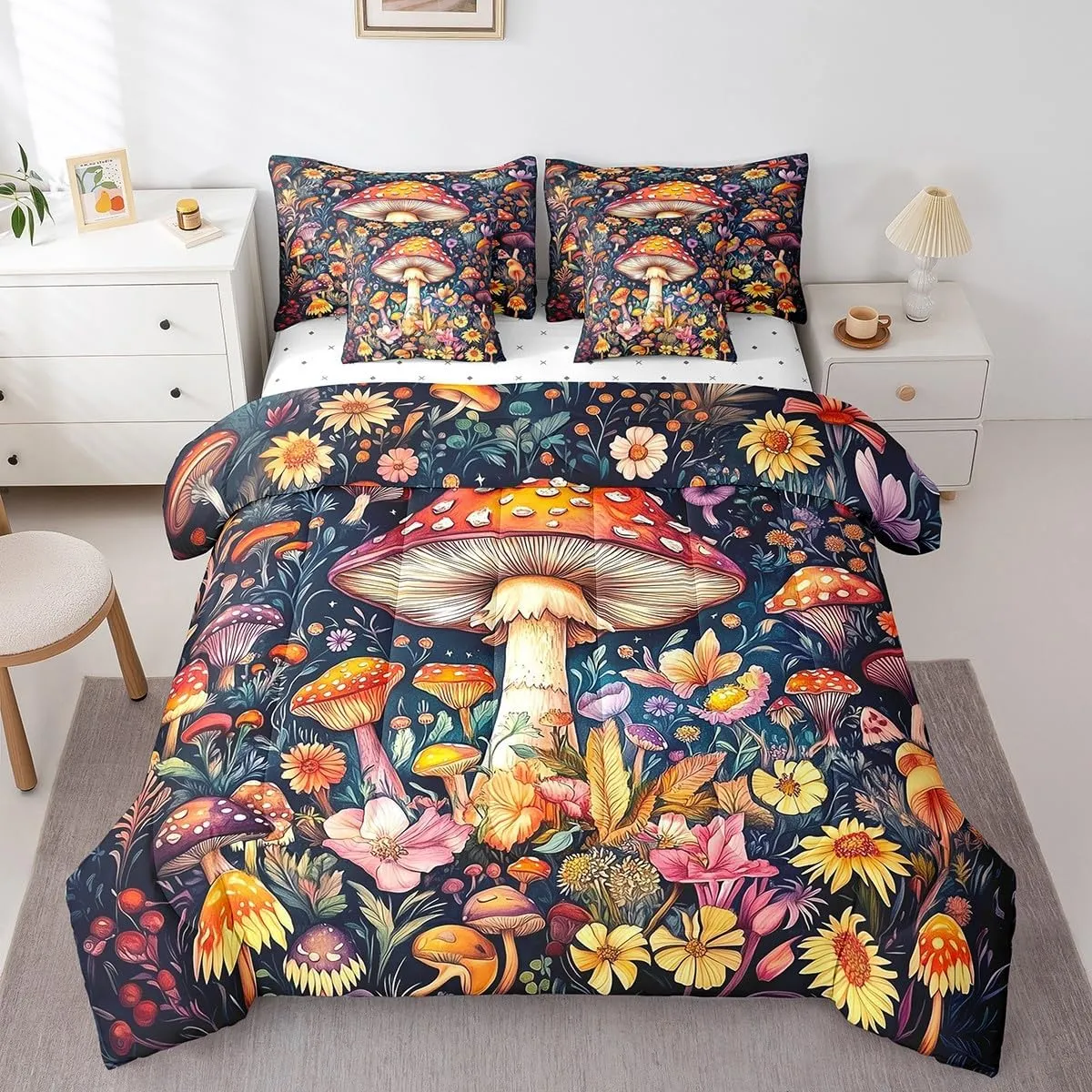 Feelyou Wild Mushroom Stuff Bed Set Boys Girls Full Size Wild Plant Pattern 7 Pieces Beeding Set Ultra Soft Fungus Botanical Plants Bed in a Bag with Comforter, Sheets, Pillowcases Floral Room Decor
