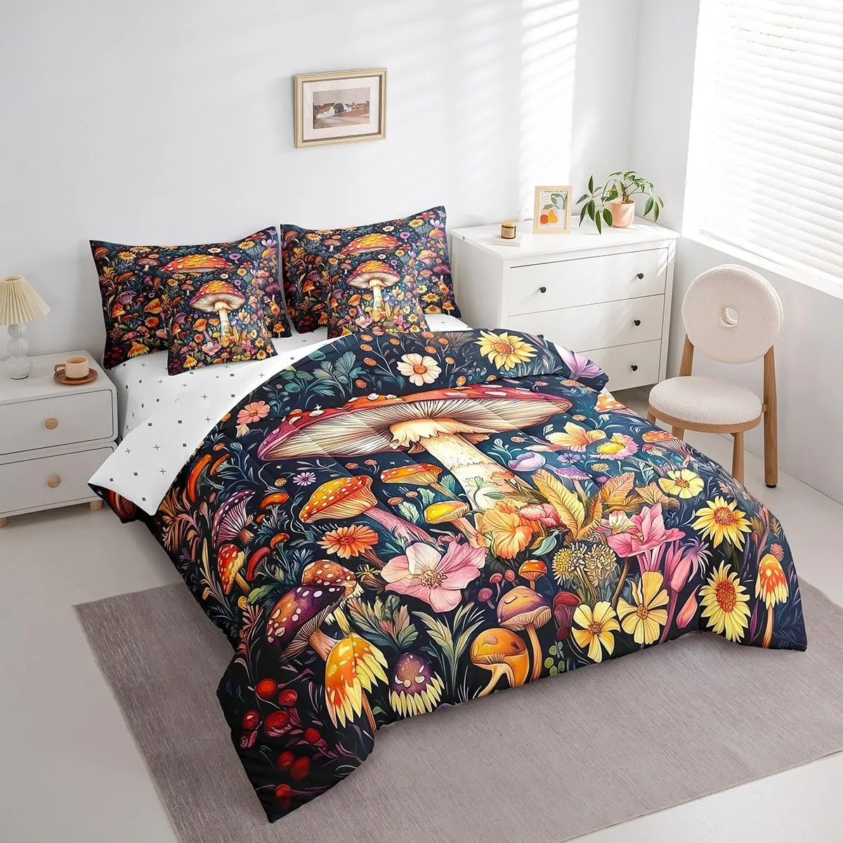 Feelyou Wild Mushroom Stuff Bed Set Boys Girls Full Size Wild Plant Pattern 7 Pieces Beeding Set Ultra Soft Fungus Botanical Plants Bed in a Bag with Comforter, Sheets, Pillowcases Floral Room Decor
