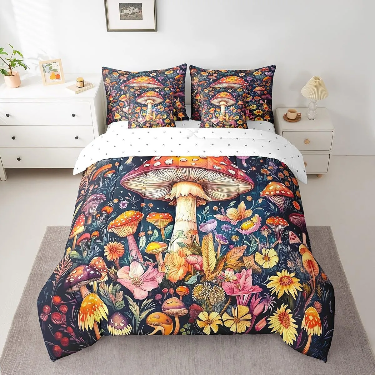 Feelyou Wild Mushroom Stuff Bed Set Boys Girls Full Size Wild Plant Pattern 7 Pieces Beeding Set Ultra Soft Fungus Botanical Plants Bed in a Bag with Comforter, Sheets, Pillowcases Floral Room Decor