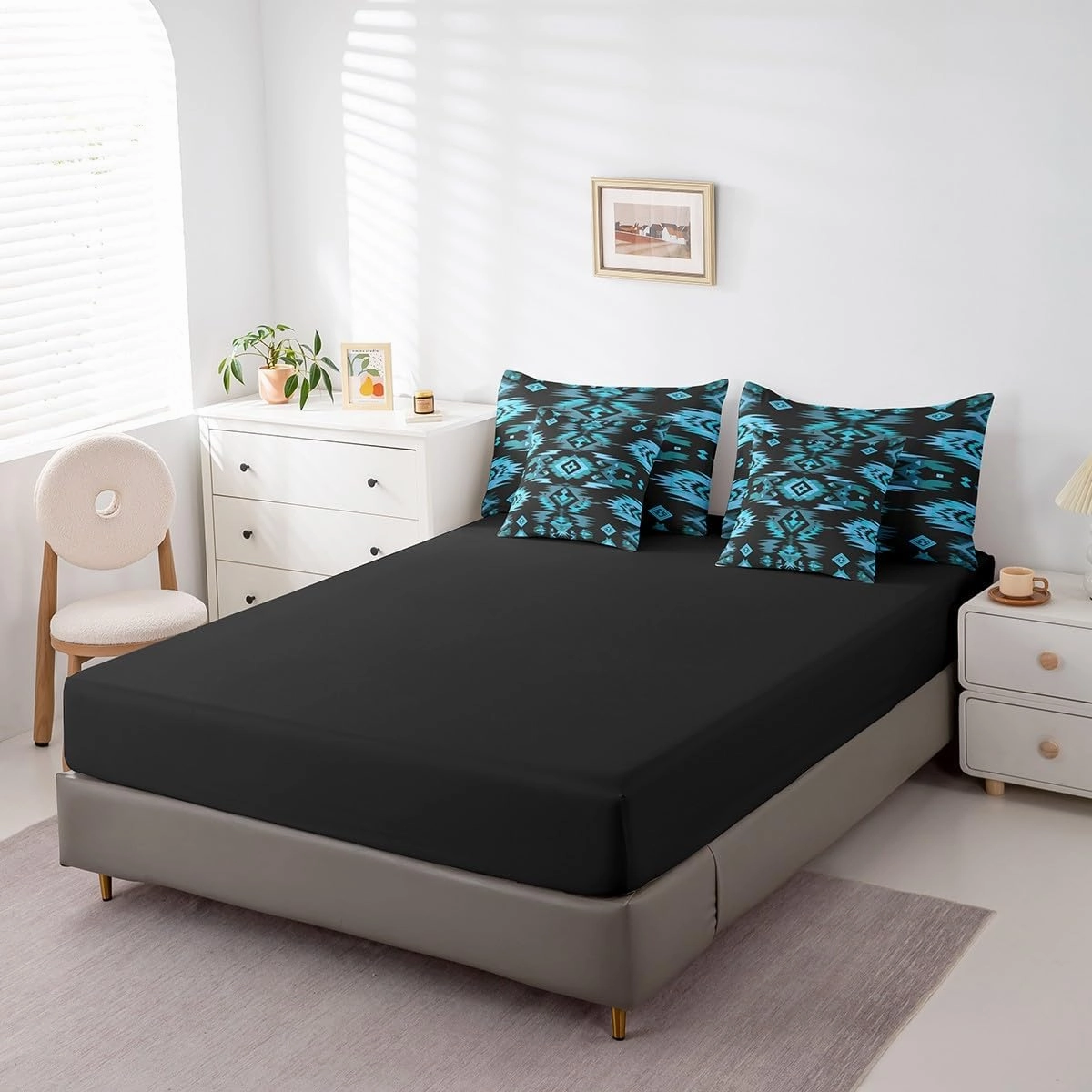 Feelyou Blue Black Southwestern Comforter Set with Sheets,Tribal Native American Indian 7 Piece Bedding Set Full Size,Kids Bedroom Room Decor,Exotic Style Bed in a Bag,Farmhouse Western Bed Set