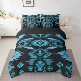 Feelyou Blue Black Southwestern Comforter Set with Sheets,Tribal Native American Indian 7 Piece Bedding Set Full Size,Kids Bedroom Room Decor,Exotic Style Bed in a Bag,Farmhouse Western Bed Set