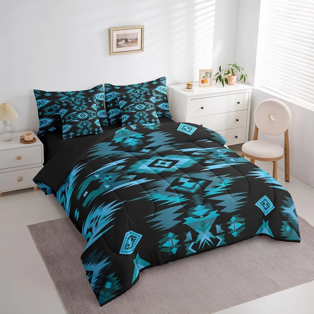 Feelyou Blue Black Southwestern Comforter Set with Sheets,Tribal Native American Indian 7 Piece Bedding Set Full Size,Kids Bedroom Room Decor,Exotic Style Bed in a Bag,Farmhouse Western Bed Set