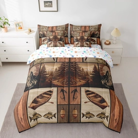 Feelyou Fish Comforter Set with Sheets King Size 7 Piece for Kids Boys Girls Smoky Mountain Bedding Set Fish Hook Fishing Theme Bed in a Bag Bedroom Decor Sea Animal Bed Set Farmhouse Brown Bed Set