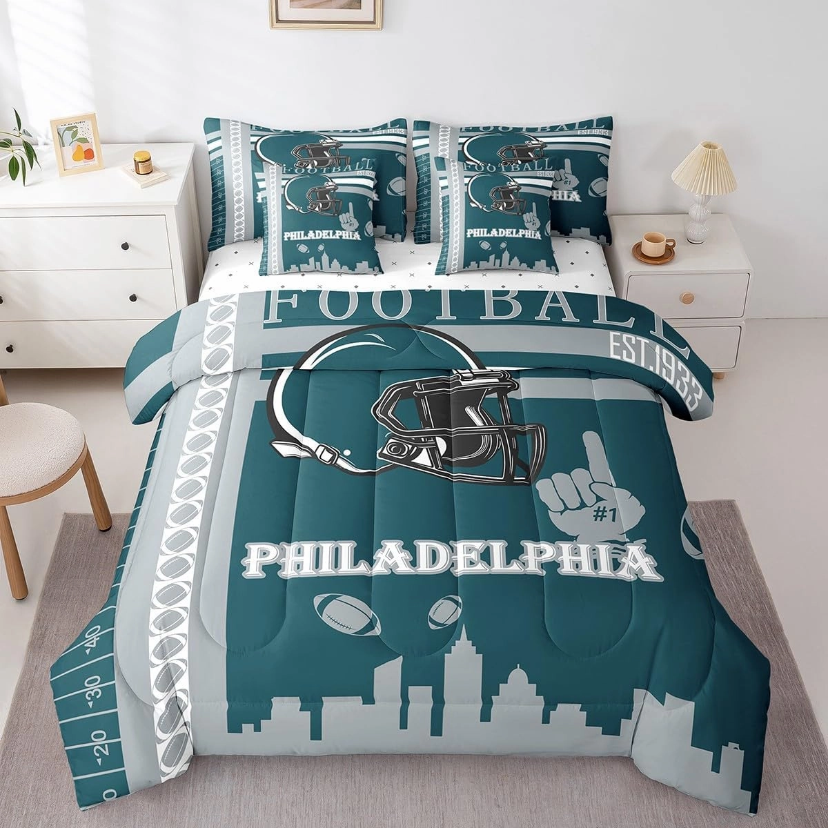 Feelyou Football 7 Pieces Comforter Sets Philadelphia Bedding Set for All Season Full Size Gifts for Football Fans Football City Bed in a Bag with Comforter, Sheets, Pillowcases & Cushion Cover