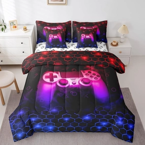 Feelyou Gamer Bedding Set Queen Size Gaming Honeycomb Comforter Set with Sheets 7 Piece Game Controller Bed in a Bag Hexagon Gaming Gifts Red and Blue Bed Set with Comforter,Sheets,Pillowcases