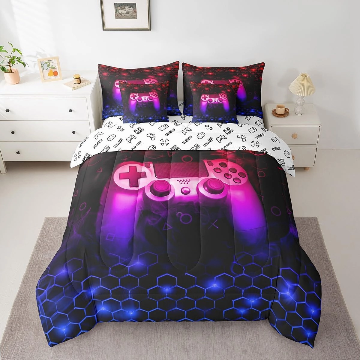 Feelyou Gamer Bedding Set Queen Size Gaming Honeycomb Comforter Set with Sheets 7 Piece Game Controller Bed in a Bag Hexagon Gaming Gifts Red and Blue Bed Set with Comforter,Sheets,Pillowcases