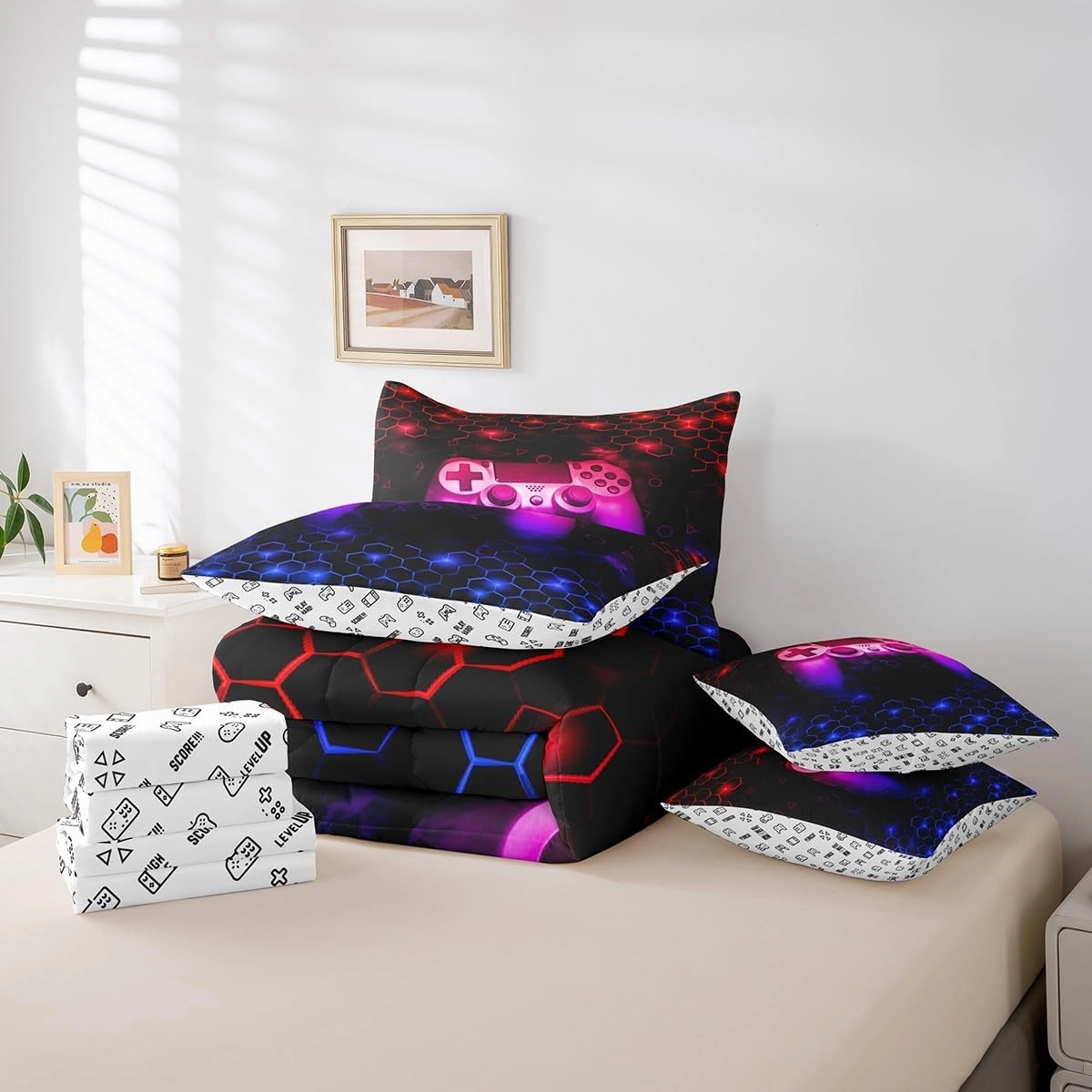 Feelyou Gamer Bedding Set Queen Size Gaming Honeycomb Comforter Set with Sheets 7 Piece Game Controller Bed in a Bag Hexagon Gaming Gifts Red and Blue Bed Set with Comforter,Sheets,Pillowcases
