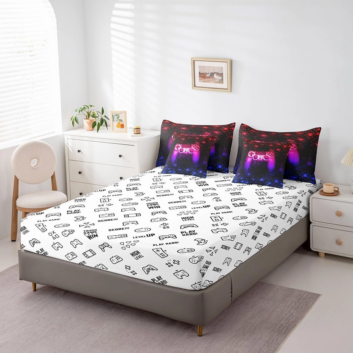 Feelyou Gamer Bedding Set Queen Size Gaming Honeycomb Comforter Set with Sheets 7 Piece Game Controller Bed in a Bag Hexagon Gaming Gifts Red and Blue Bed Set with Comforter,Sheets,Pillowcases