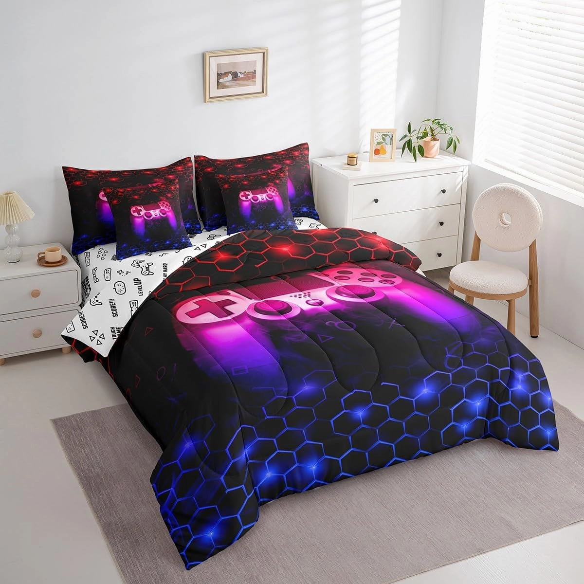 Feelyou Gamer Bedding Set Queen Size Gaming Honeycomb Comforter Set with Sheets 7 Piece Game Controller Bed in a Bag Hexagon Gaming Gifts Red and Blue Bed Set with Comforter,Sheets,Pillowcases