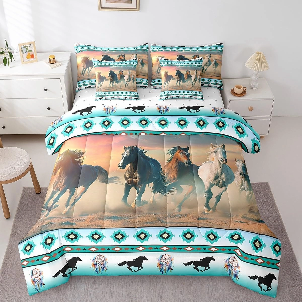 Feelyou Horse Comforter Set with Sheets Dream Catchers Western Bed in a Bag for Kids Boys Girls Bedroom Bed Decor Southwestern Native Aztec 7 Piece Bedding Set Full Size Tribal Geometry Bedding Set