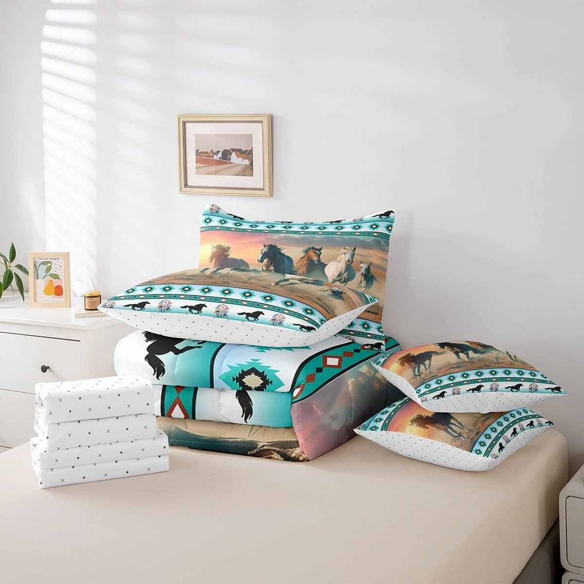 Feelyou Horse Comforter Set with Sheets Dream Catchers Western Bed in a Bag for Kids Boys Girls Bedroom Bed Decor Southwestern Native Aztec 7 Piece Bedding Set Full Size Tribal Geometry Bedding Set