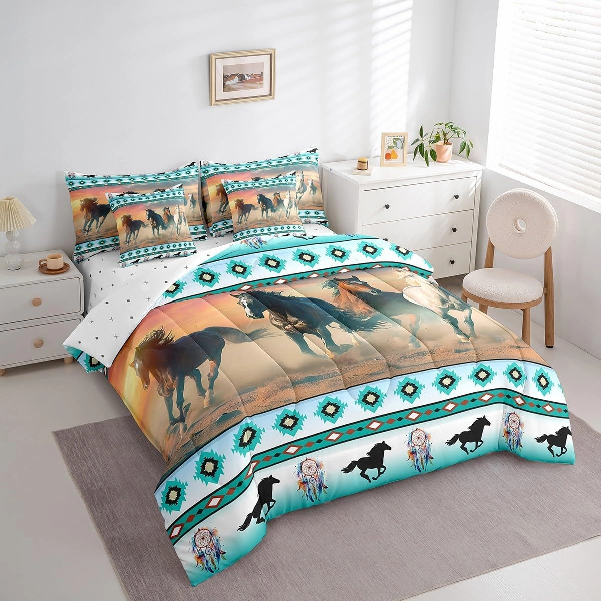 Feelyou Horse Comforter Set with Sheets Dream Catchers Western Bed in a Bag for Kids Boys Girls Bedroom Bed Decor Southwestern Native Aztec 7 Piece Bedding Set Full Size Tribal Geometry Bedding Set