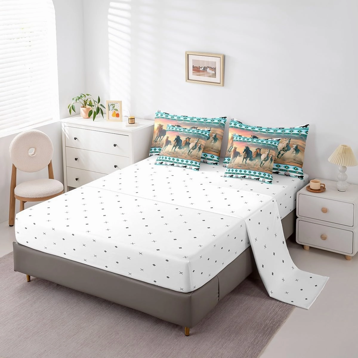Feelyou Horse Comforter Set with Sheets Dream Catchers Western Bed in a Bag for Kids Boys Girls Bedroom Bed Decor Southwestern Native Aztec 7 Piece Bedding Set Full Size Tribal Geometry Bedding Set