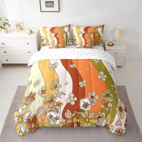 Feelyou Vintage Boho Bohemian Comforter Set Queen Size 7 Pieces Girls Retro Hippie Flower Bed in a Bag 60S 70S Groovy Floral Bedding Set Bed Set with Comforter, Sheet Set, Pillowcases, Pillow Covers