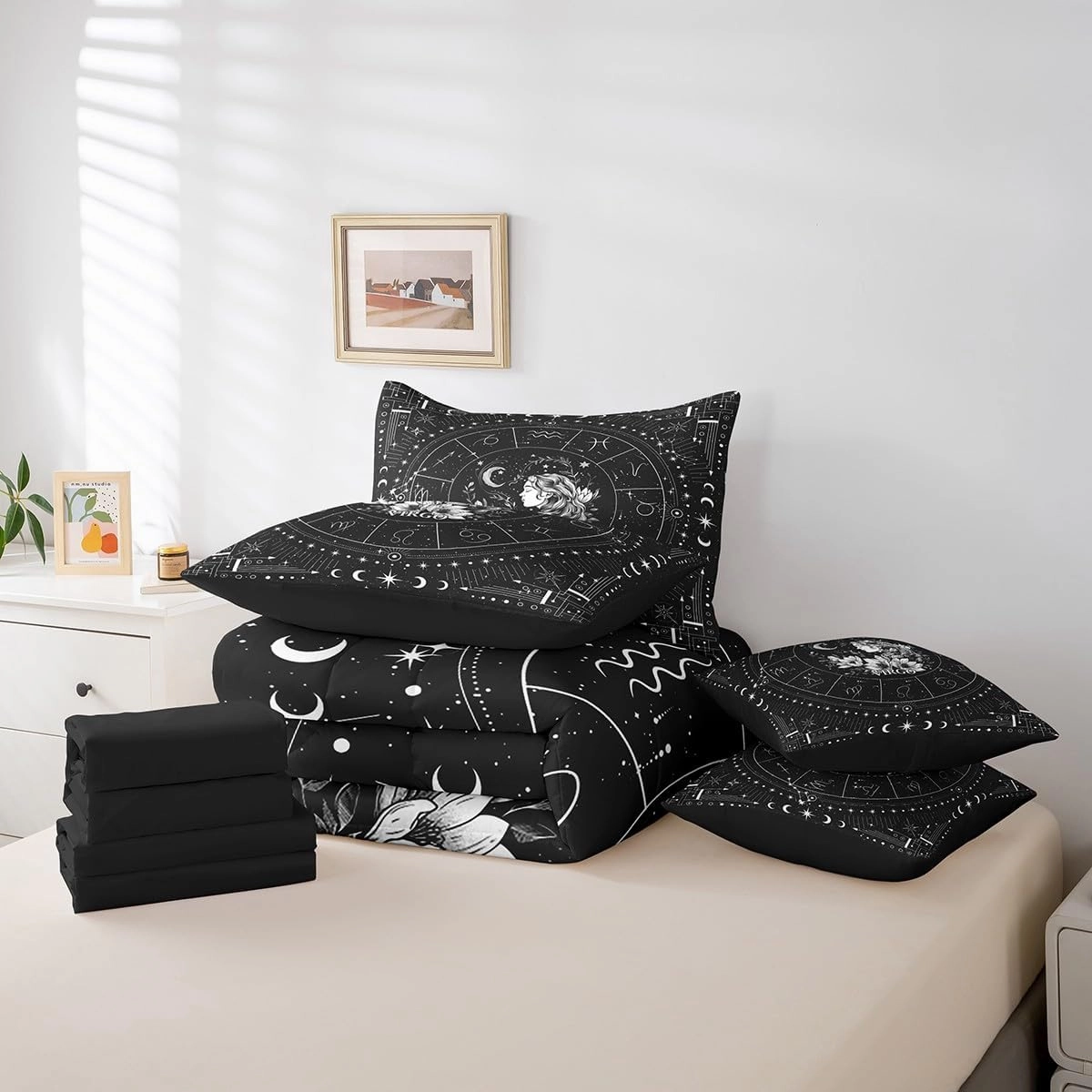 Feelyou Zodiac 7 Piece Bedding Set Queen Size Virgo Comforter Set with Sheets for Kids Boys Girls Teens Moon Star Pattern Bed in a Bag Universe Cloud Galaxy Bed Set