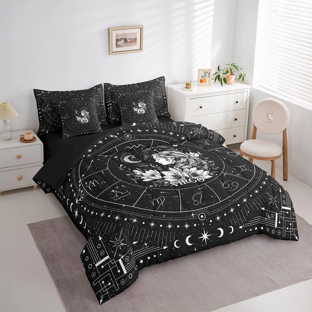 Feelyou Zodiac 7 Piece Bedding Set Queen Size Virgo Comforter Set with Sheets for Kids Boys Girls Teens Moon Star Pattern Bed in a Bag Universe Cloud Galaxy Bed Set