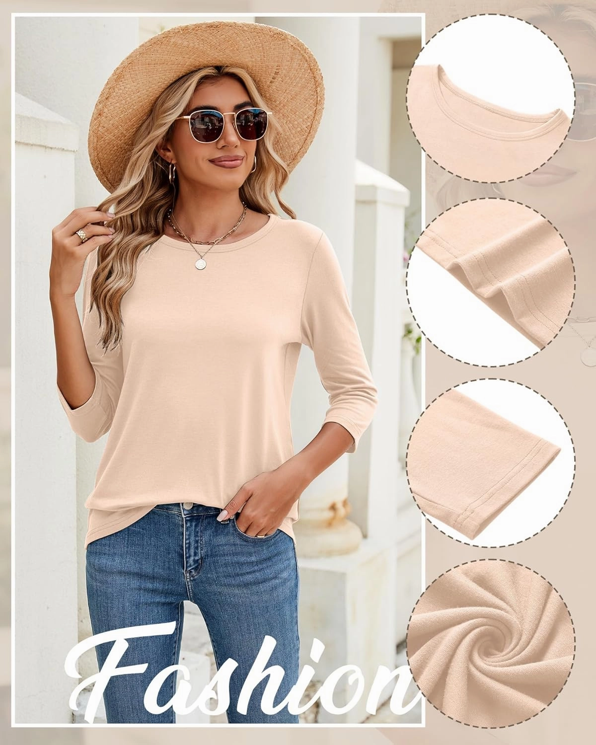 Ficerd 3 Pack 3/4 Sleeve Tops for Women Round Neck Dressy Basics Tees Casual Trendy Loose Fit T Shirts
