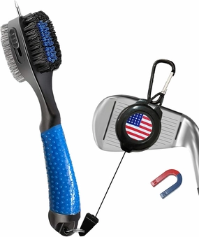 FINGER TEN Retractable Golf Club Cleaner Brush with Magnetic Clip, Durable Nylon Groove Scrub Iron Sharpener Compact Design, Portable Wire Tool for Golf Club Ball Bag Cleaning (Blue)