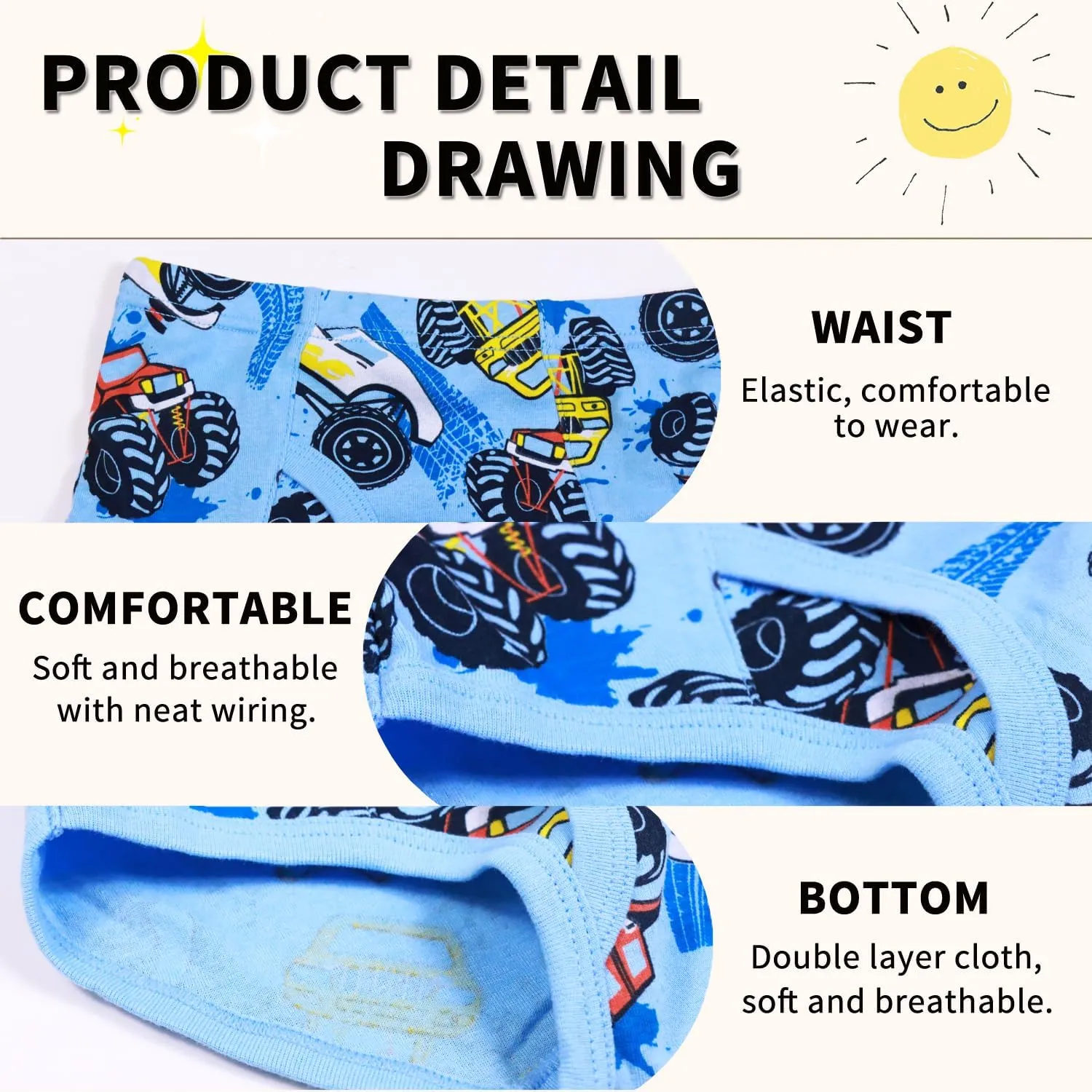 Finihen Boys Soft Cotton Underwear For Toddler Boy Truck Dinosaur Multipacks Briefs Children Undies