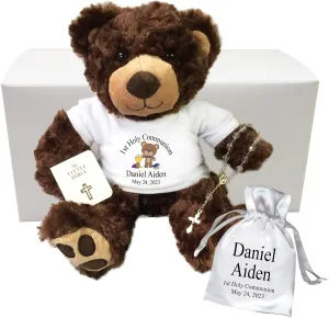 First Communion Teddy Bear Gift Set - 13 inch Brown Vera Bear, Personalized 1st Communion Gift