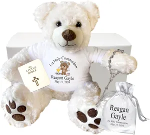 First Communion Teddy Bear Gift Set - 13 inch Pearly White Vera Bear, Personalized 1st Communion Gift