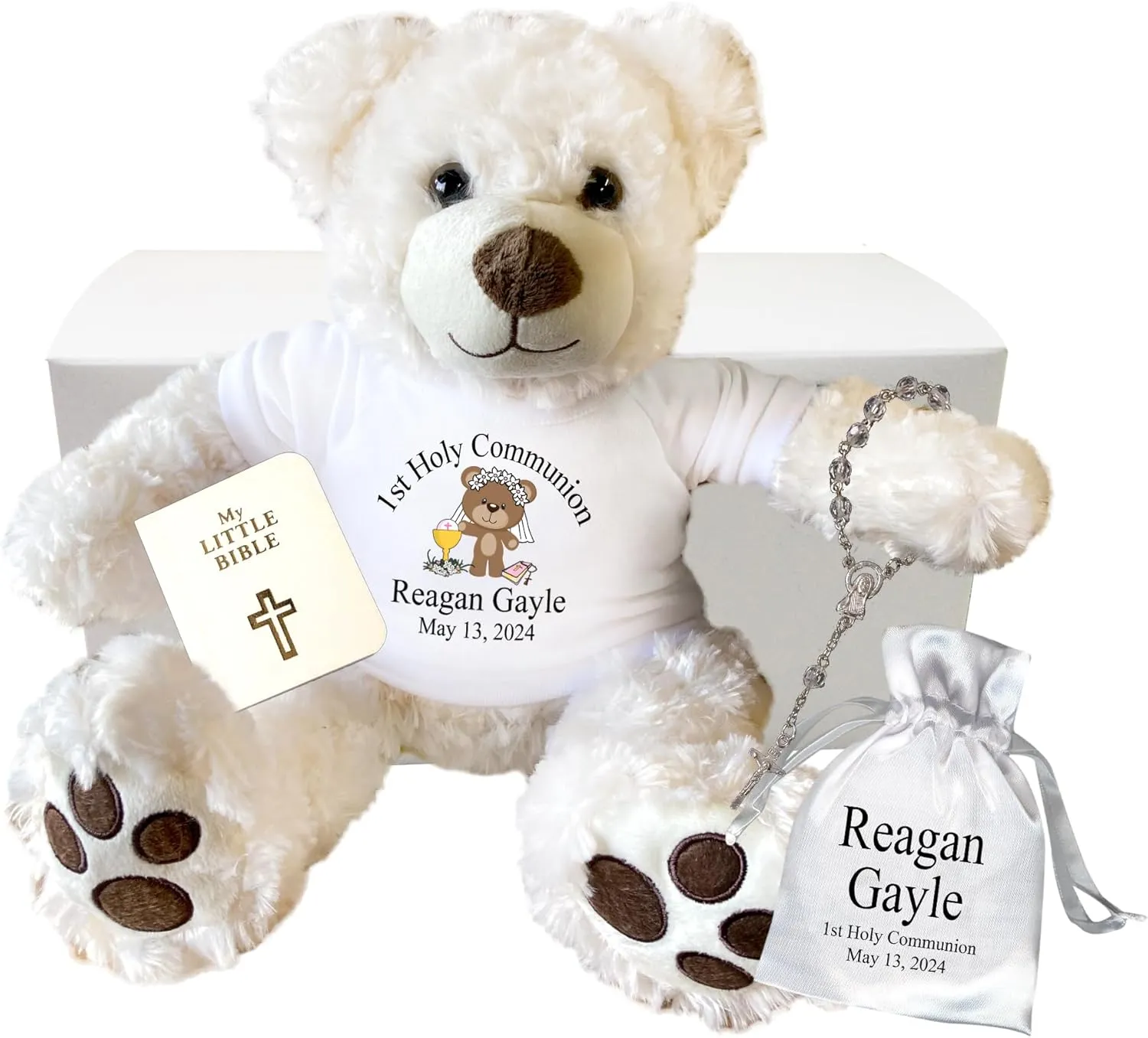 First Communion Teddy Bear Gift Set - 13 inch Pearly White Vera Bear, Personalized 1st Communion Gift