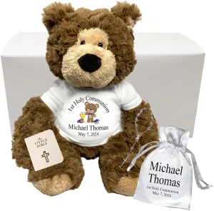 First Communion Teddy Bear Gift Set - 14 inch Bear Hugs, Personalized 1st Communion Gift