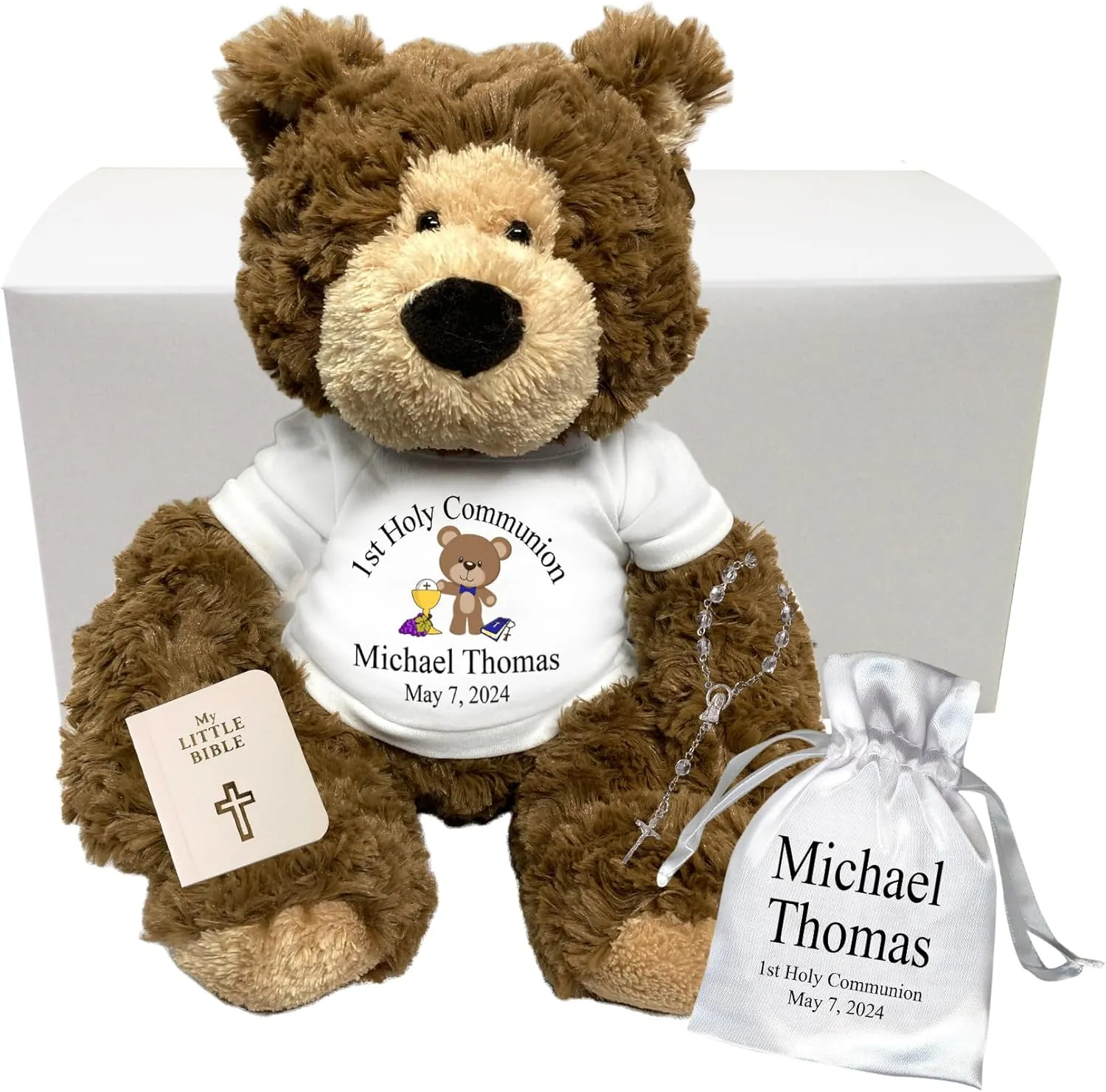 First Communion Teddy Bear Gift Set - 14 inch Bear Hugs, Personalized 1st Communion Gift
