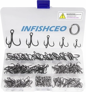 Fishing Treble Hooks Kit, Large Size High Carbon Steel Hooks 3X Strong Sharp Round Bend Hooks with Split Rings for Saltwater Freshwater Fishing 200pcs/Box Mixed 5 Size 2 4 6 8 10