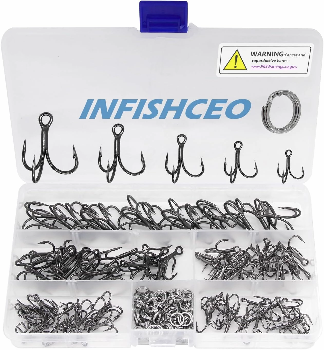 Fishing Treble Hooks Kit, Large Size High Carbon Steel Hooks 3X Strong Sharp Round Bend Hooks with Split Rings for Saltwater Freshwater Fishing 200pcs/Box Mixed 5 Size 2 4 6 8 10