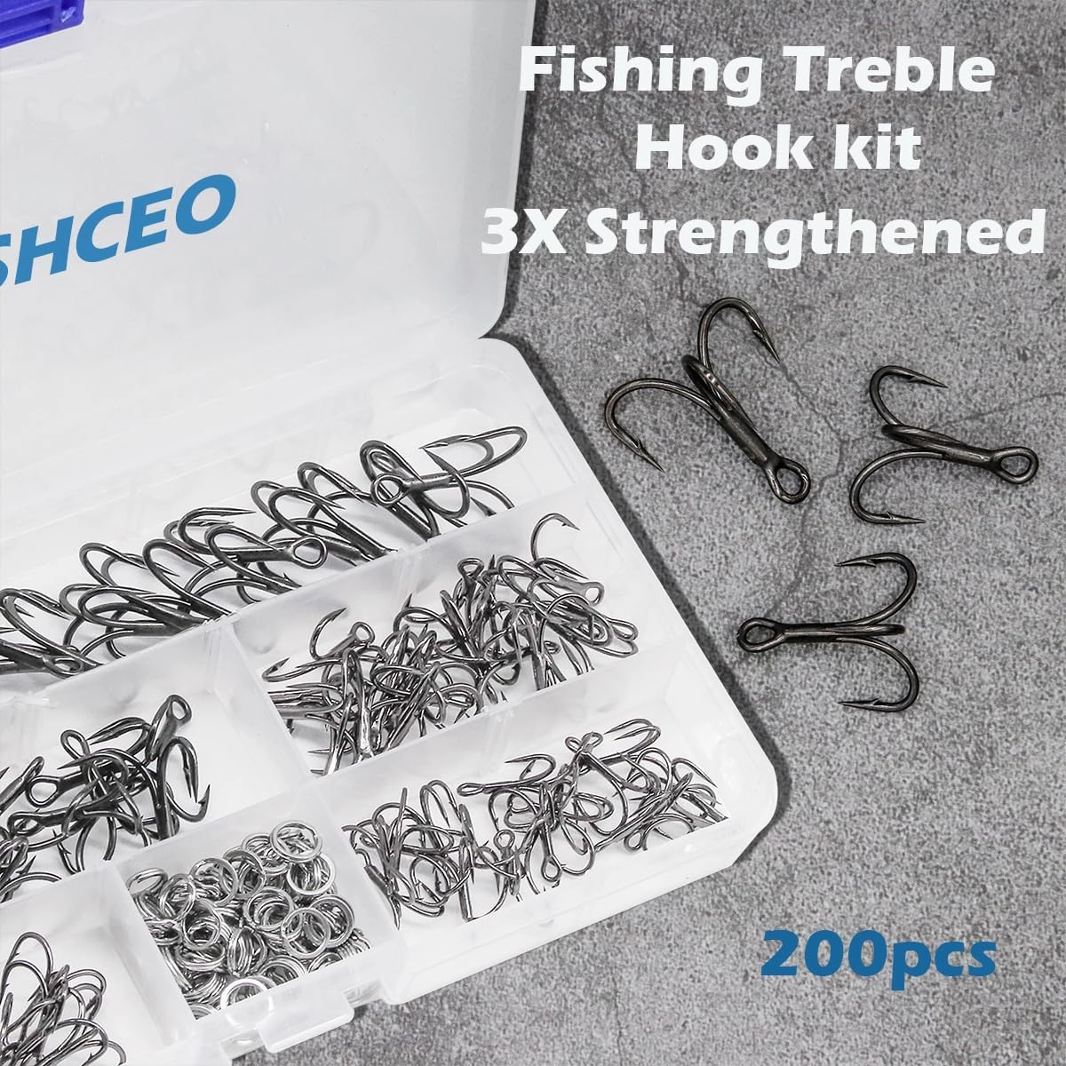 Fishing Treble Hooks Kit, Large Size High Carbon Steel Hooks 3X Strong Sharp Round Bend Hooks with Split Rings for Saltwater Freshwater Fishing 200pcs/Box Mixed 5 Size 2 4 6 8 10