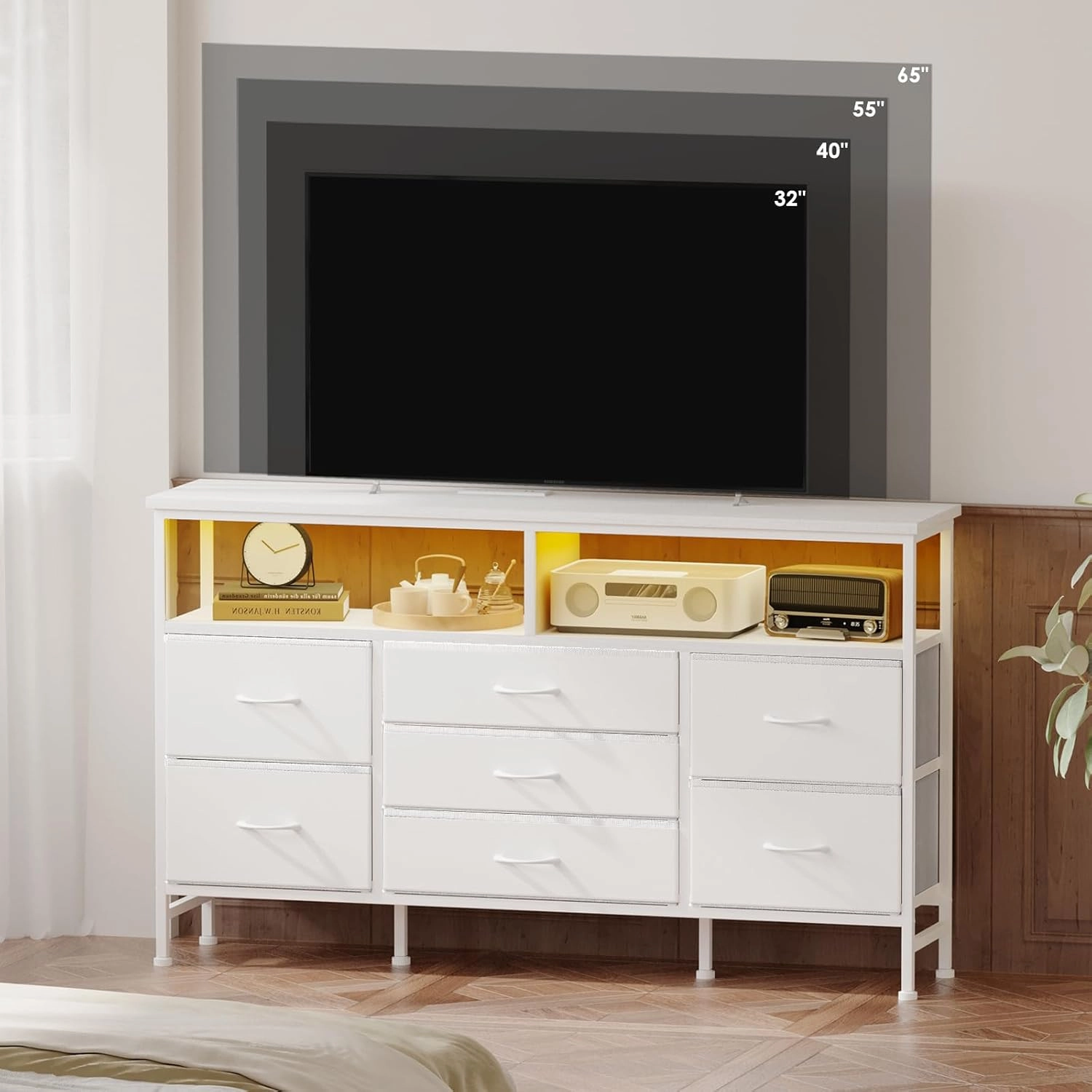 Fixwal 55 Inches Long Dresser White Dresser for Bedroom with Power Outlets and LED Lights, 65-inch TV Stand with 7 Fabric Drawers, TV Stand for Bedroom Furniture, Chests of Drawers for Closet