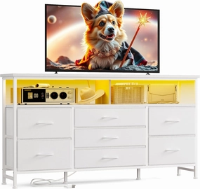 Fixwal 55 Inches Long Dresser White Dresser for Bedroom with Power Outlets and LED Lights, 65-inch TV Stand with 7 Fabric Drawers, TV Stand for Bedroom Furniture, Chests of Drawers for Closet