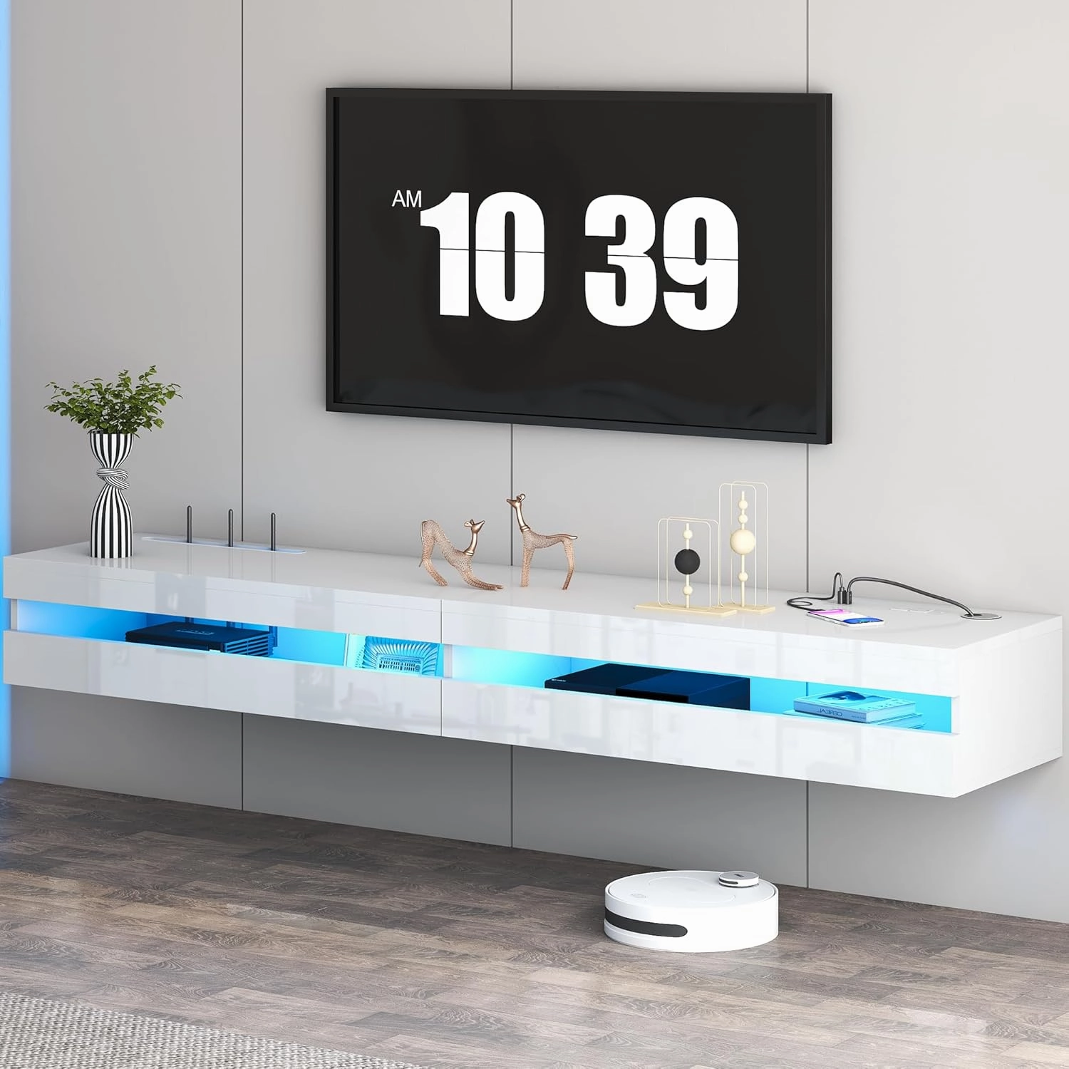 Floating TV Stand - 71'' Floating Entertainment Center with LED Light & Charging Station, Floating TV Shelf with Storage for Living Room, Gaming Room, Media Console for 75 INCH TVs