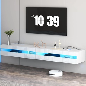 Floating TV Stand - 71'' Floating Entertainment Center with LED Light & Charging Station, Floating TV Shelf with Storage for Living Room, Gaming Room, Media Console for 75 INCH TVs