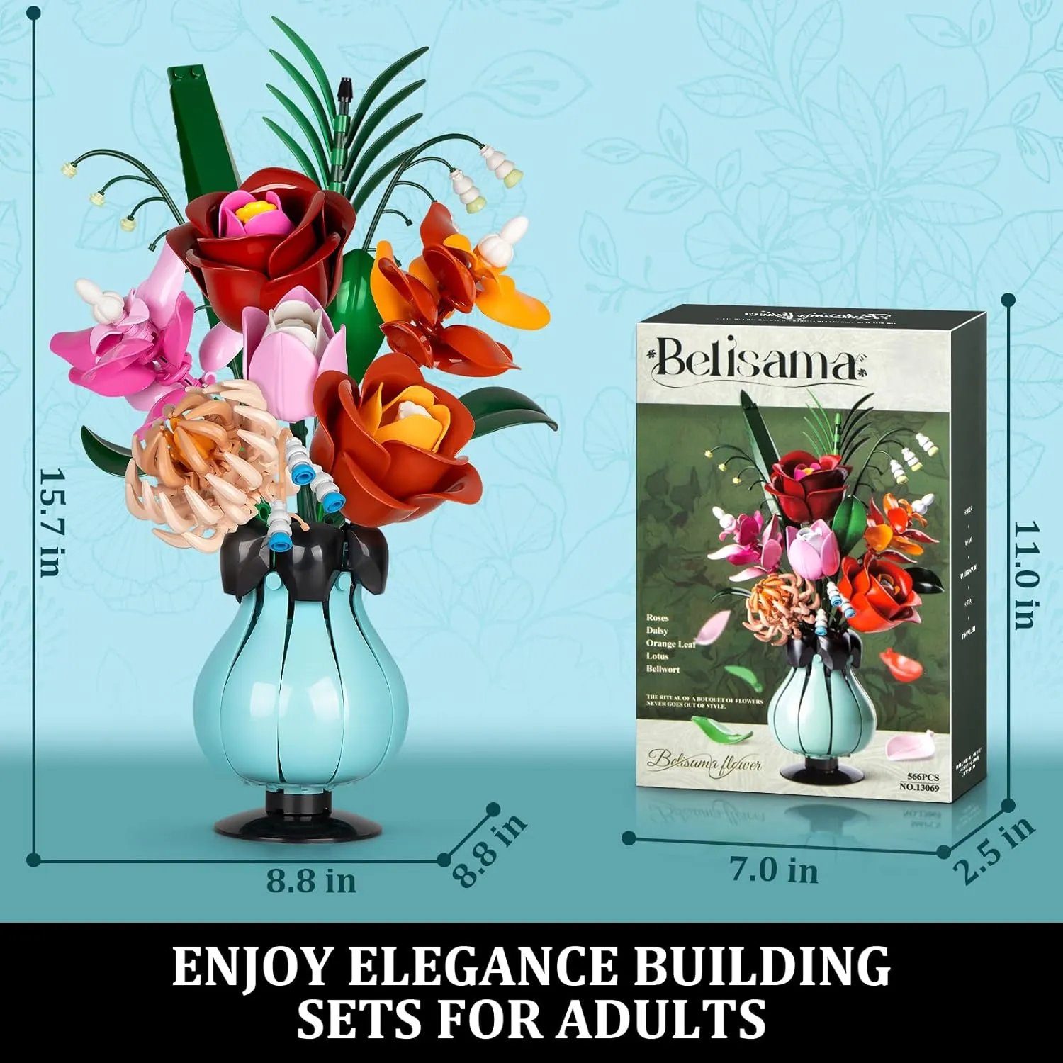 Flower Bouquet Building Set with Vase, 566PCS Rose Botanical Collection Flowers Building Kit, Mother's Day Anniversary Birthday Gifts for Mom Women Girlfriend Adults 8  (Compatible with Major Brand)