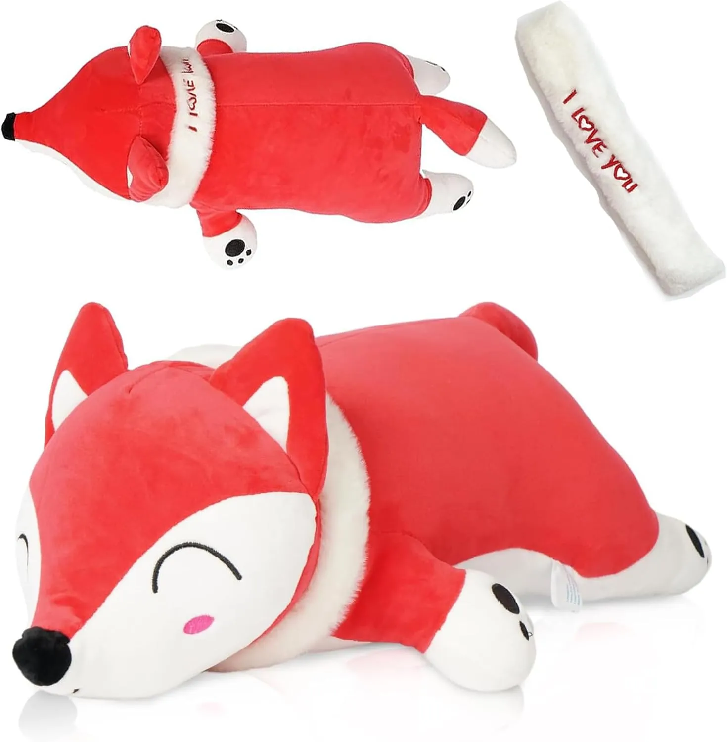 Fox Stuffed Animal Plush Body Pillow, 35.4in Cute Red Soft Fox Plushie Giant Kawaii Toy Doll Birthday Gift for Kids Boys Girls