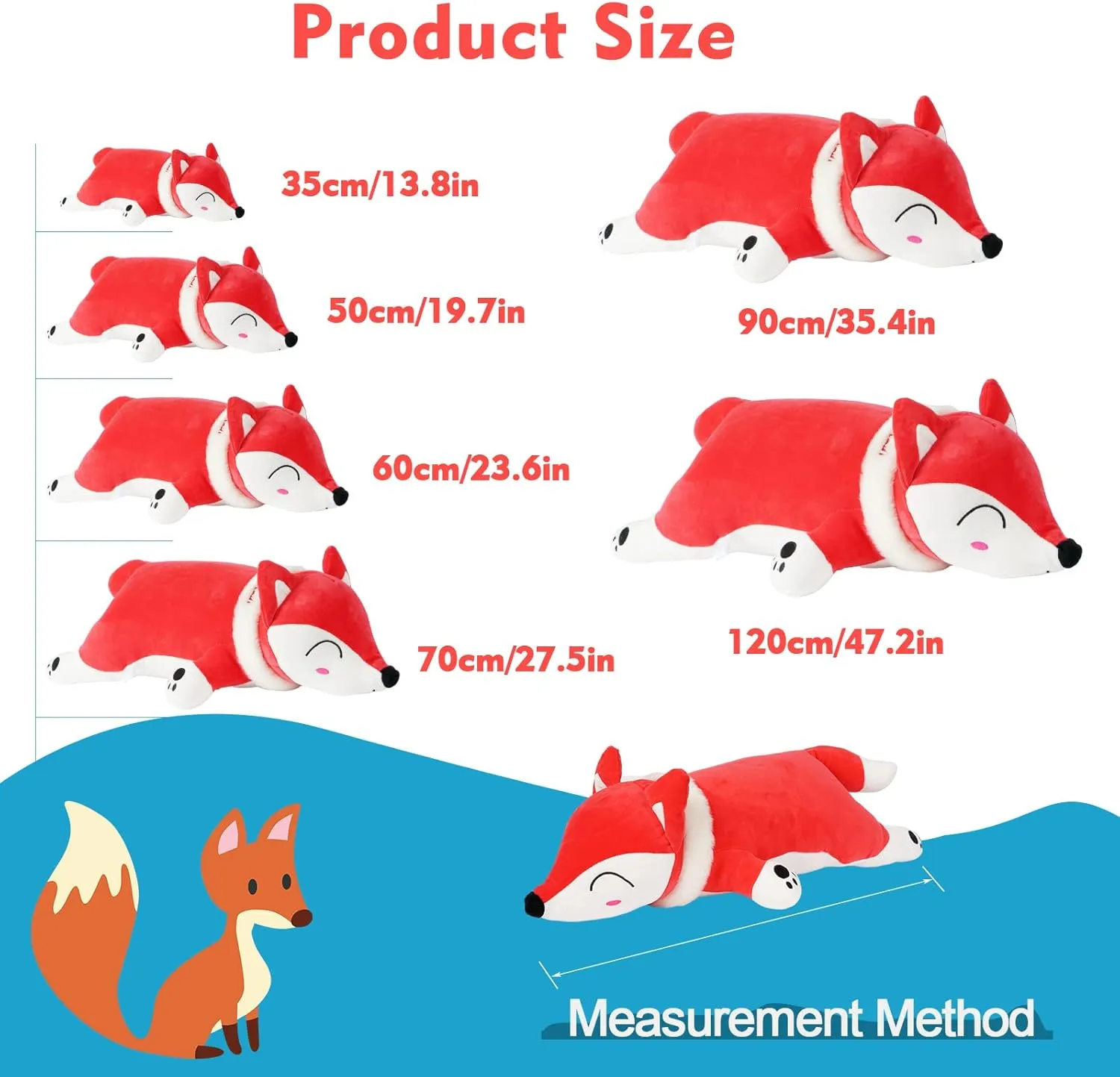 Fox Stuffed Animal Plush Body Pillow, 35.4in Cute Red Soft Fox Plushie Giant Kawaii Toy Doll Birthday Gift for Kids Boys Girls