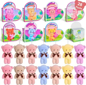 FUN LITTLE TOYS 28 Packs Mini Bear Plush Toy 4.7 inch, Small Animal Stuffed Bulk Keychain with Heart Boxes,Animal Bulk for Kids Valentine's Day Party Favors Fillers Gift Boxes