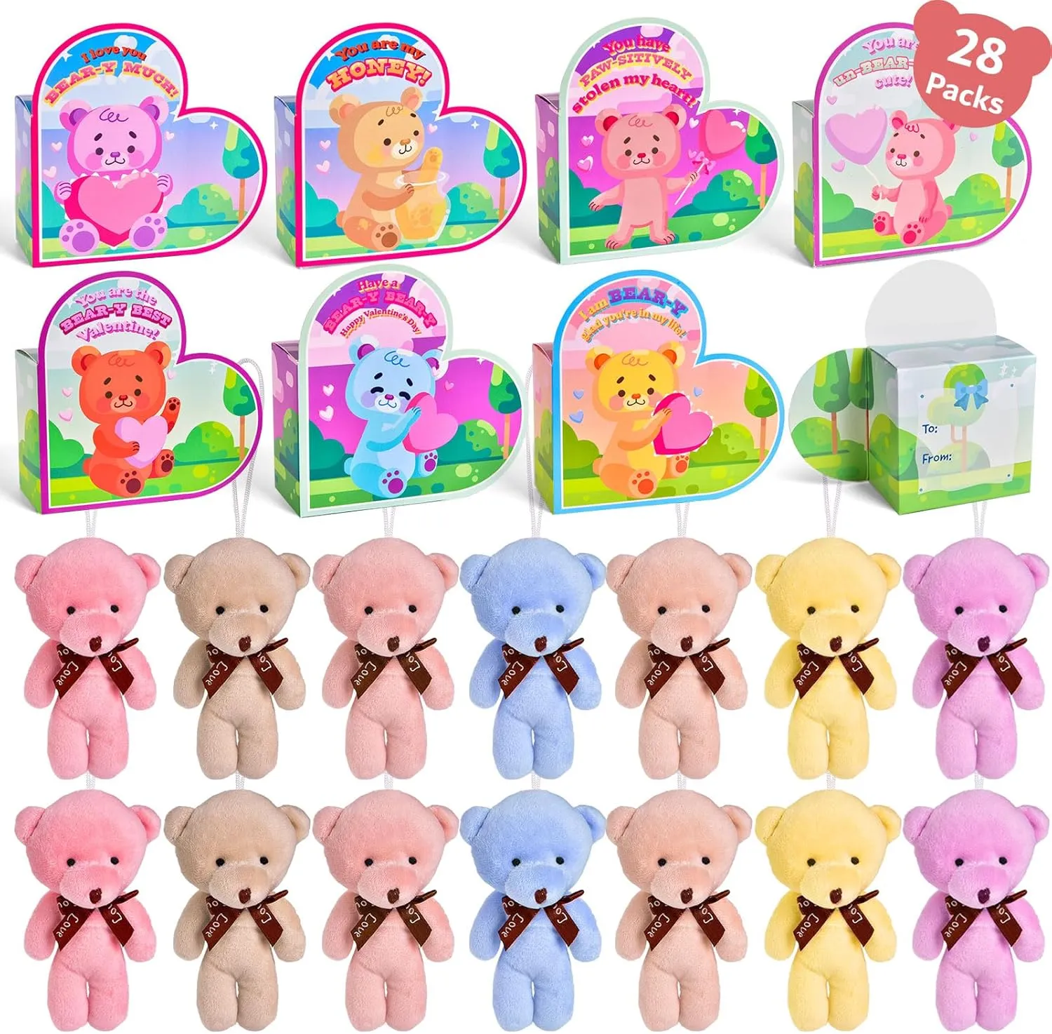 FUN LITTLE TOYS 28 Packs Mini Bear Plush Toy 4.7 inch, Small Animal Stuffed Bulk Keychain with Heart Boxes,Animal Bulk for Kids Valentine's Day Party Favors Fillers Gift Boxes
