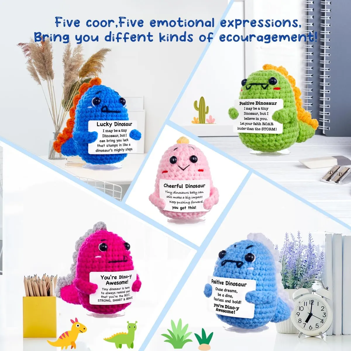 Funny Easter Basket Stuffers Positive Crochet Stuffed Animals Dinosaur, Stress Relief Gifts for College Student Graduation Boyfriend Husband Women Birthday Desk Decor (Dinosaur Set)