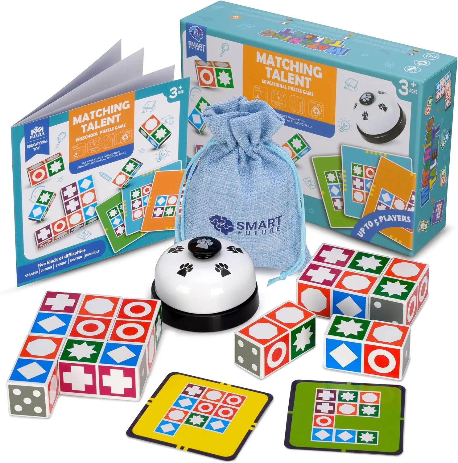 Funtactics Wooden Matching Game Puzzle 3.0 Games, Pattern Block Match Puzzles Building Cubes with Bell for Kids and Adults Toys Board Games for Family Night 5 Players